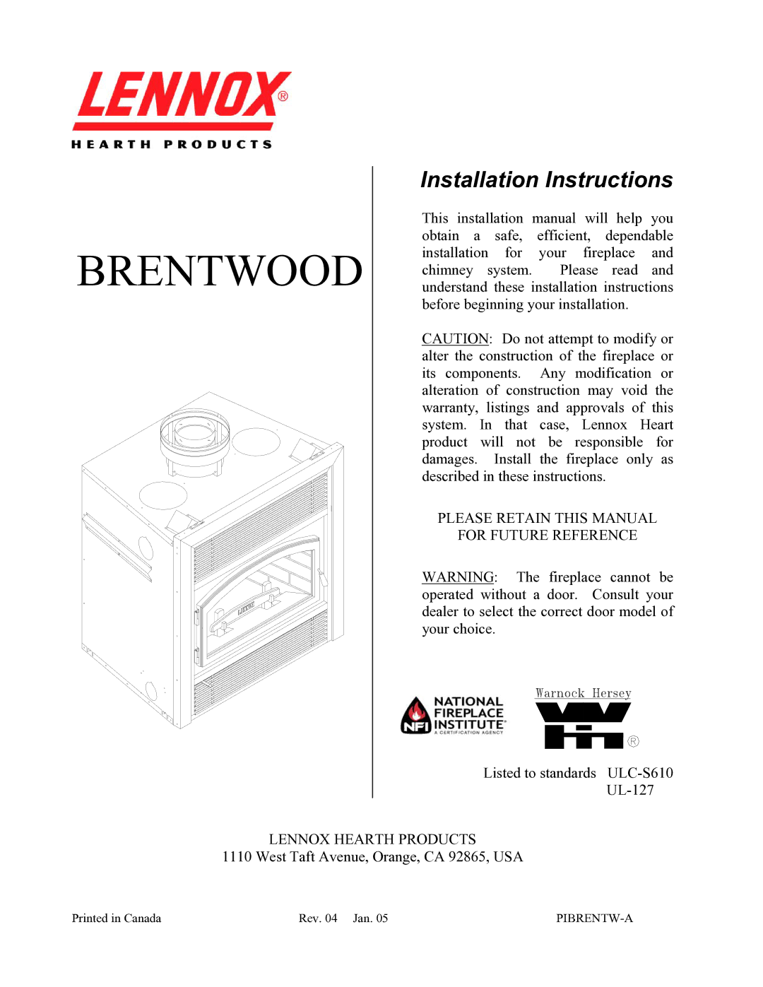 LG Electronics P1BRENTW-A installation instructions Brentwood 