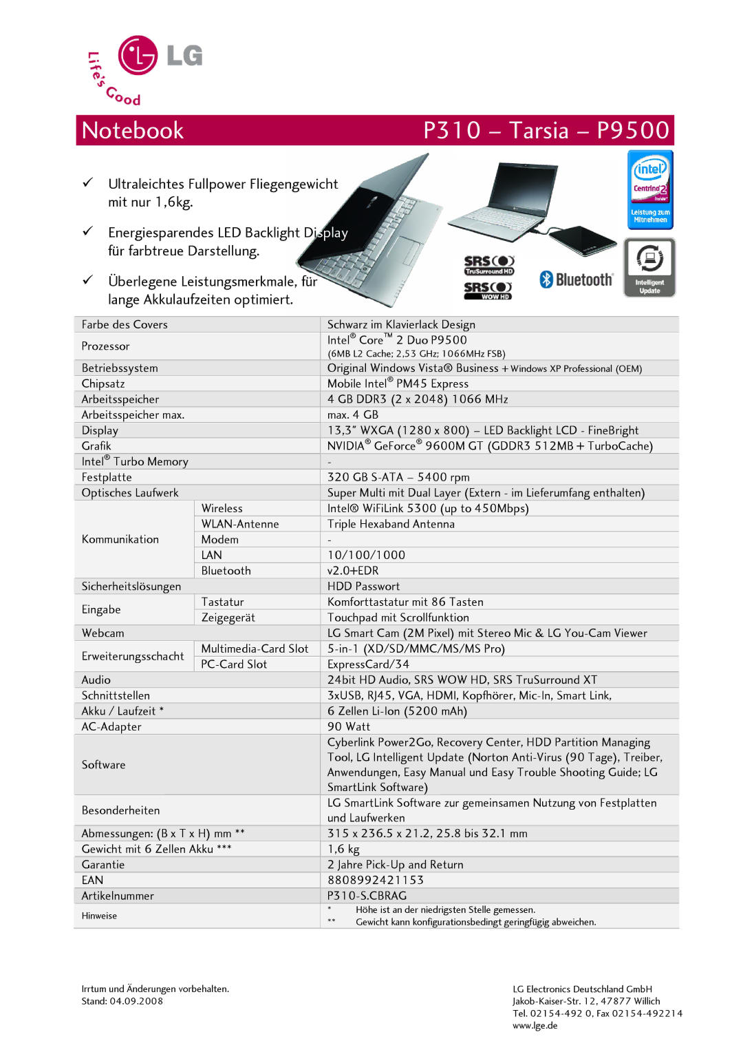 LG Electronics manual P310 Tarsia P9500, Lan, Ean, P310-S.CBRAG 