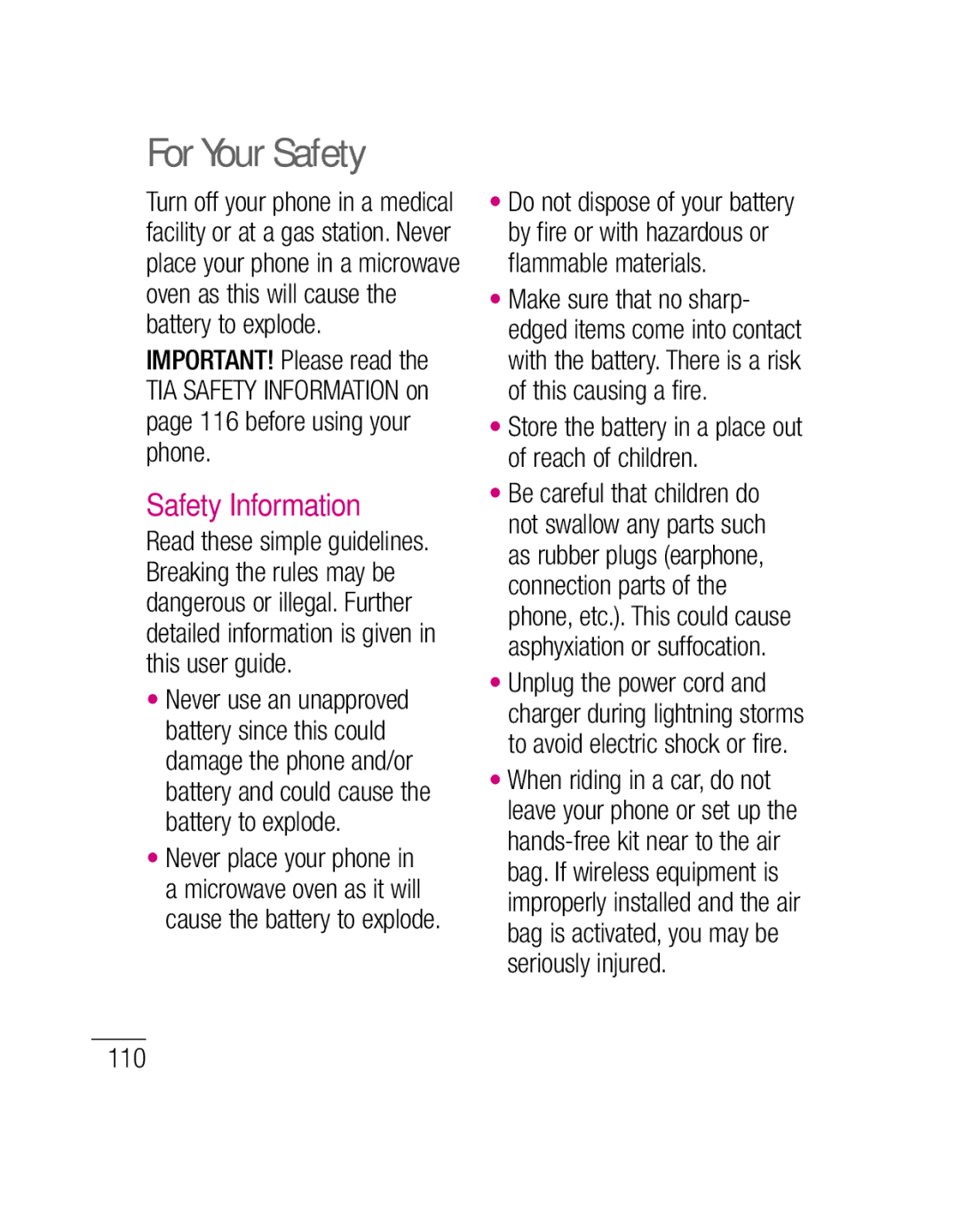 LG Electronics P500H manual For Your Safety, Safety Information, 110, Store the battery in a place out of reach of children 