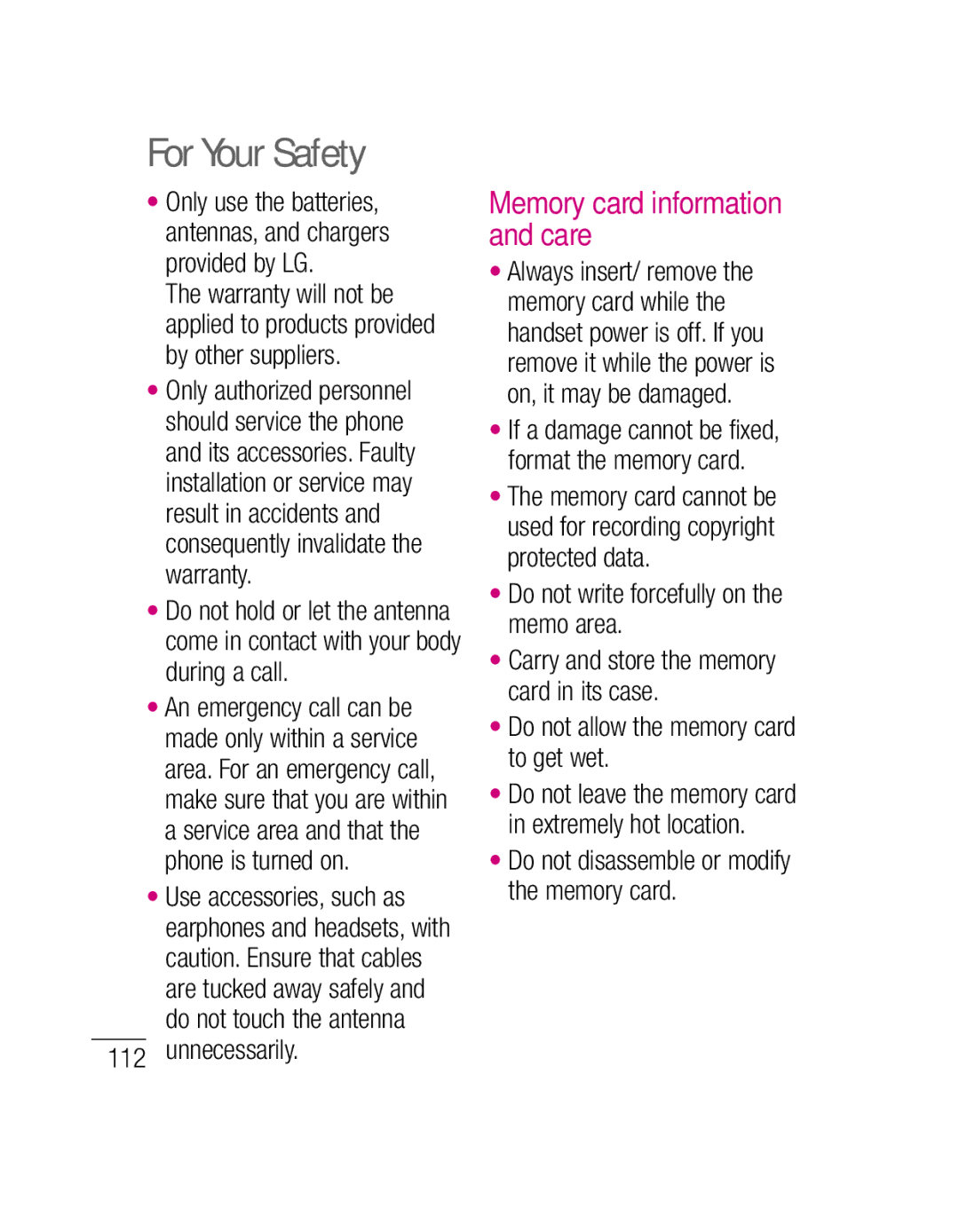 LG Electronics P500H manual Memory card information and care, Unnecessarily, Do not write forcefully on the memo area 