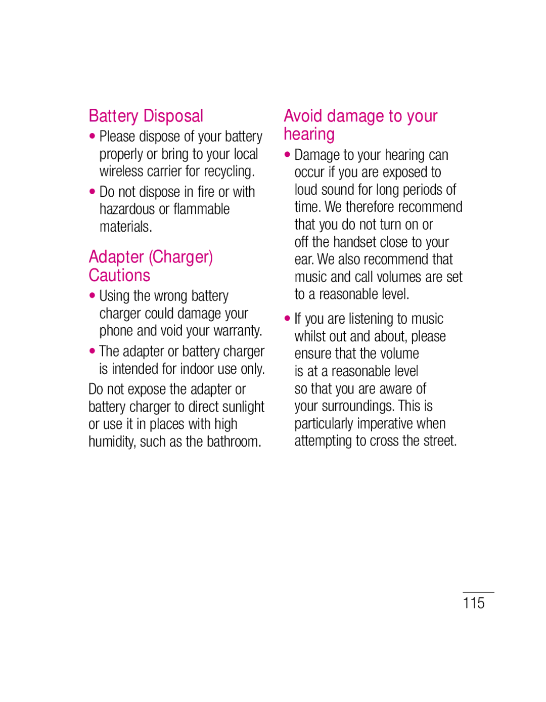 LG Electronics P500H manual Battery Disposal, Adapter Charger, Avoid damage to your hearing, 115 