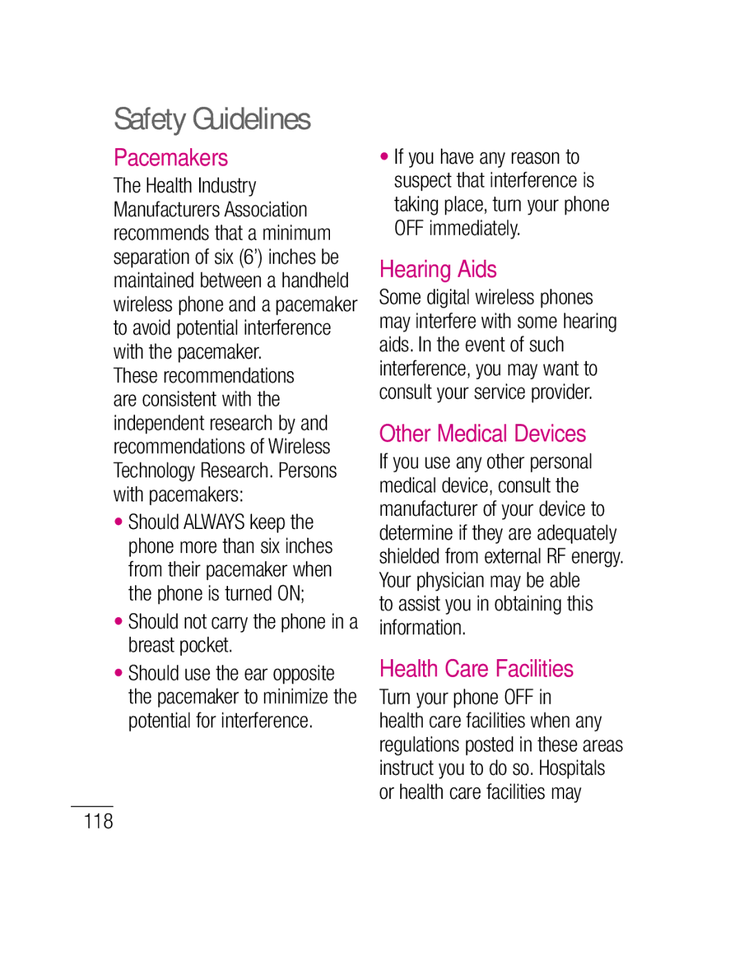 LG Electronics P500H manual Safety Guidelines, Pacemakers, Hearing Aids, Other Medical Devices, Health Care Facilities 