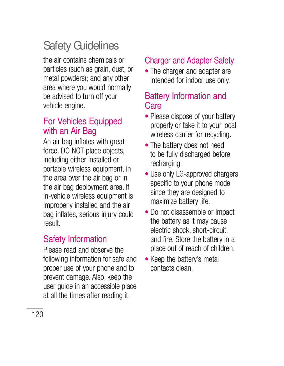 LG Electronics P500H manual Battery Information and Care, For Vehicles Equipped with an Air Bag, 120 