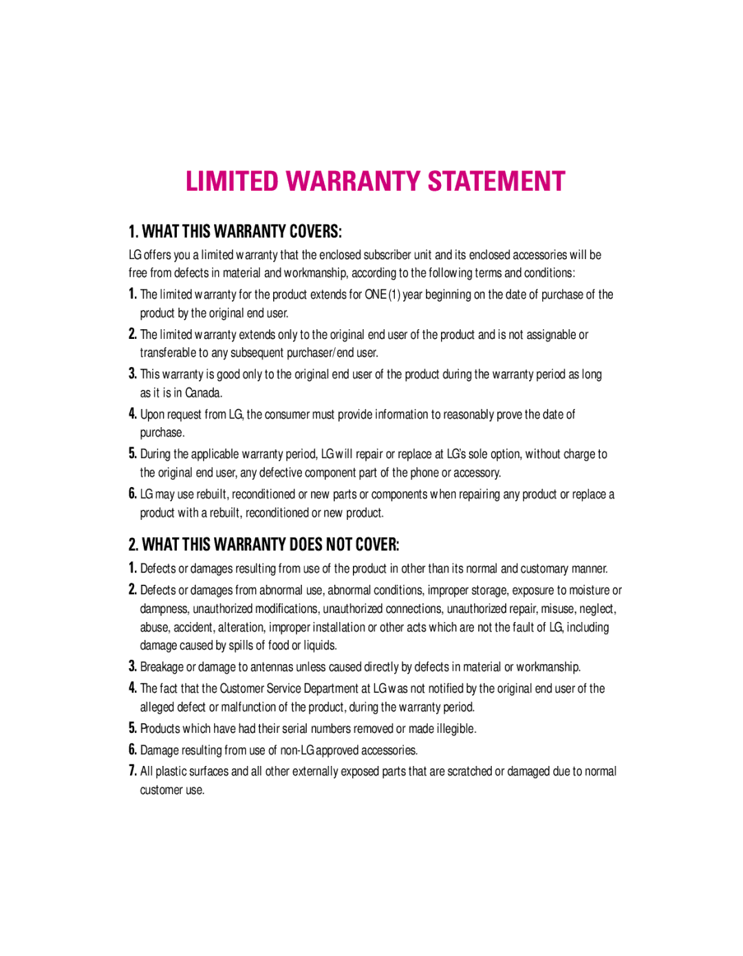 LG Electronics P500H manual Limited Warranty Statement 