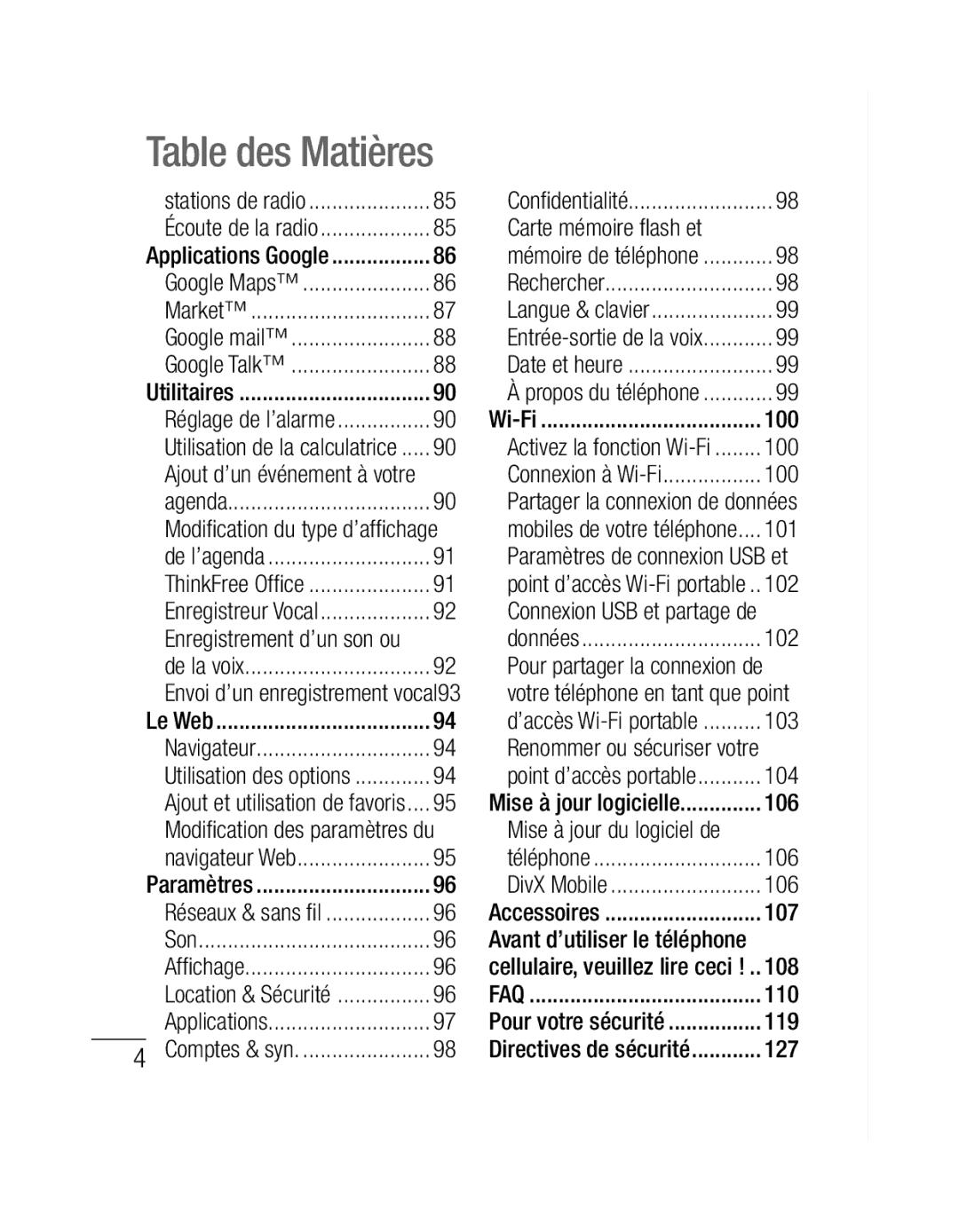 LG Electronics P500H Table des Matières, Carte mémoire ﬂ ash et, Modiﬁ cation des paramètres du Mise à jour du logiciel de 