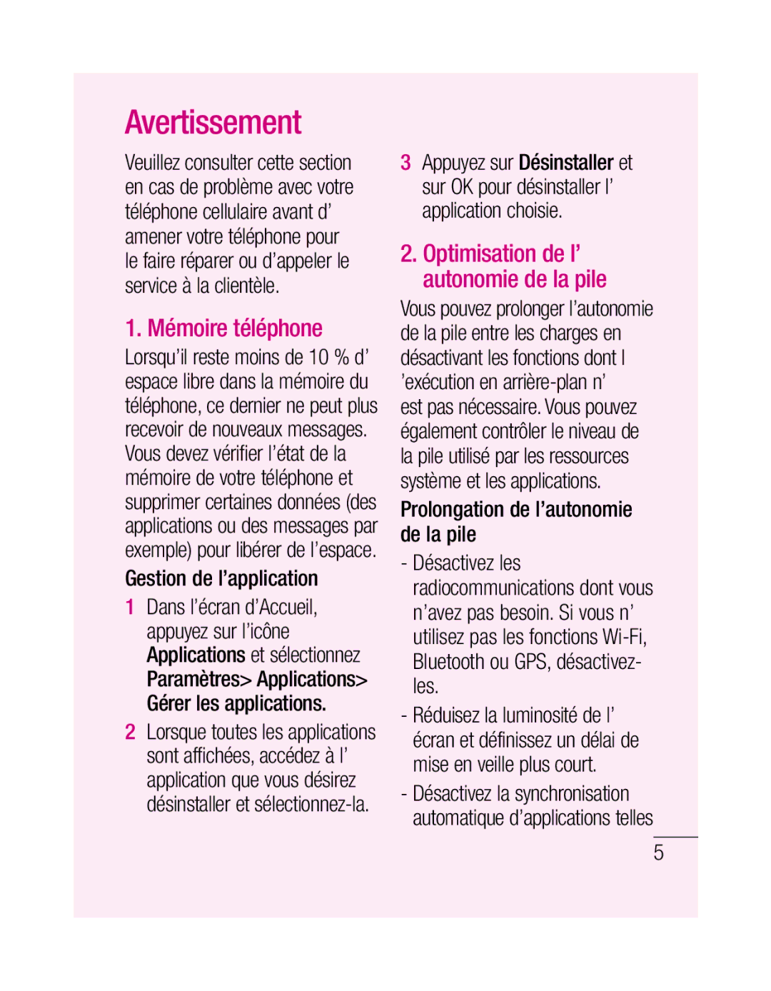 LG Electronics P500H Avertissement, Mémoire téléphone, Gestion de l’application, Optimisation de l’ autonomie de la pile 