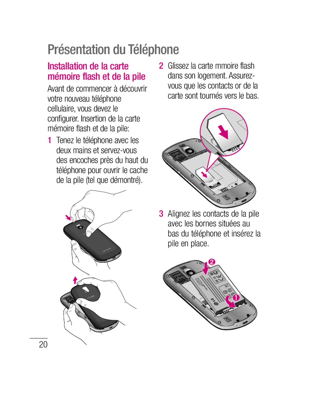 LG Electronics P500H manual Installation de la carte mémoire flash et de la pile 