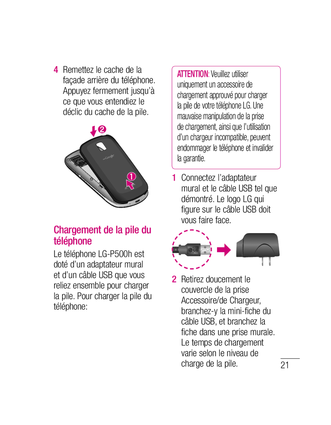 LG Electronics P500H manual Chargement de la pile du téléphone, Charge de la pile, Varie selon le niveau de 