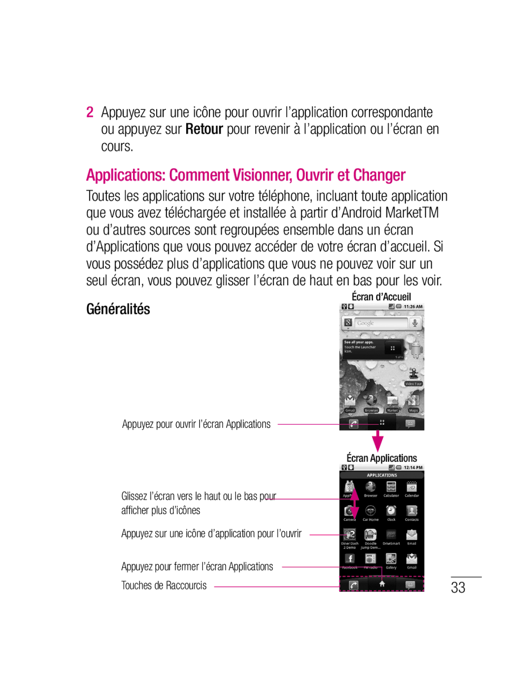 LG Electronics P500H manual Généralités, Appuyez pour ouvrir l’écran Applications 