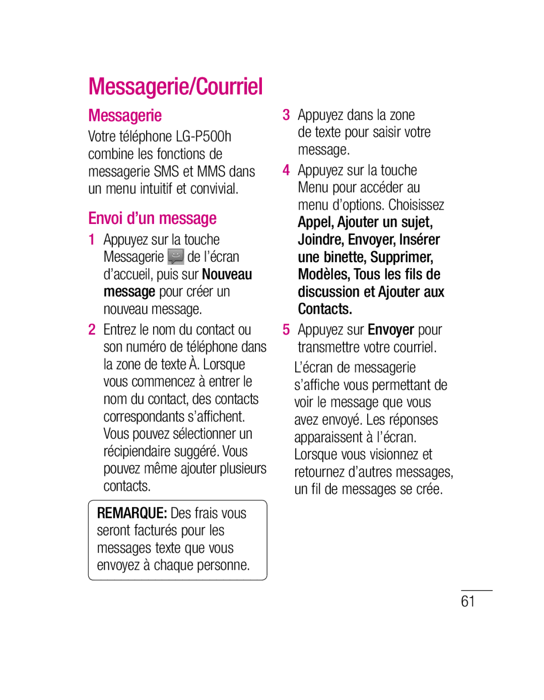 LG Electronics P500H manual Messagerie, Envoi d’un message, Appuyez dans la zone de texte pour saisir votre message 