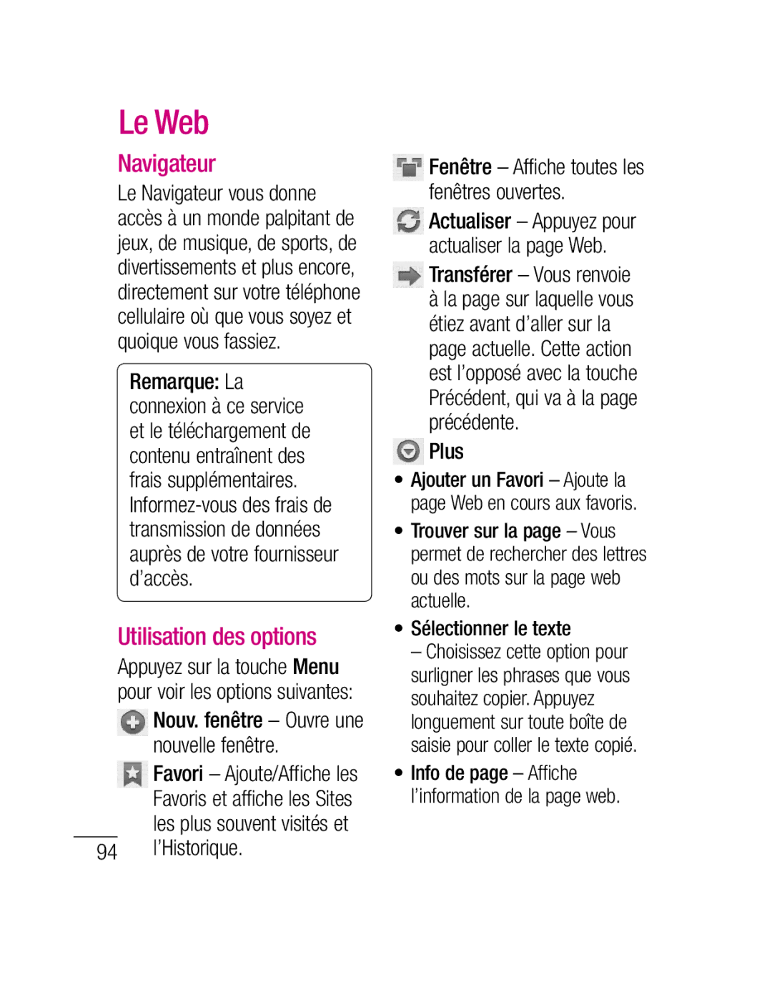 LG Electronics P500H manual Le Web, Navigateur, Utilisation des options 