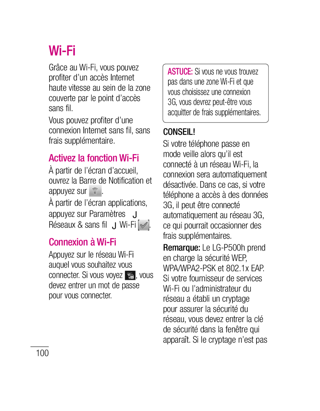 LG Electronics P500H manual Activez la fonction Wi-Fi, Connexion à Wi-Fi 