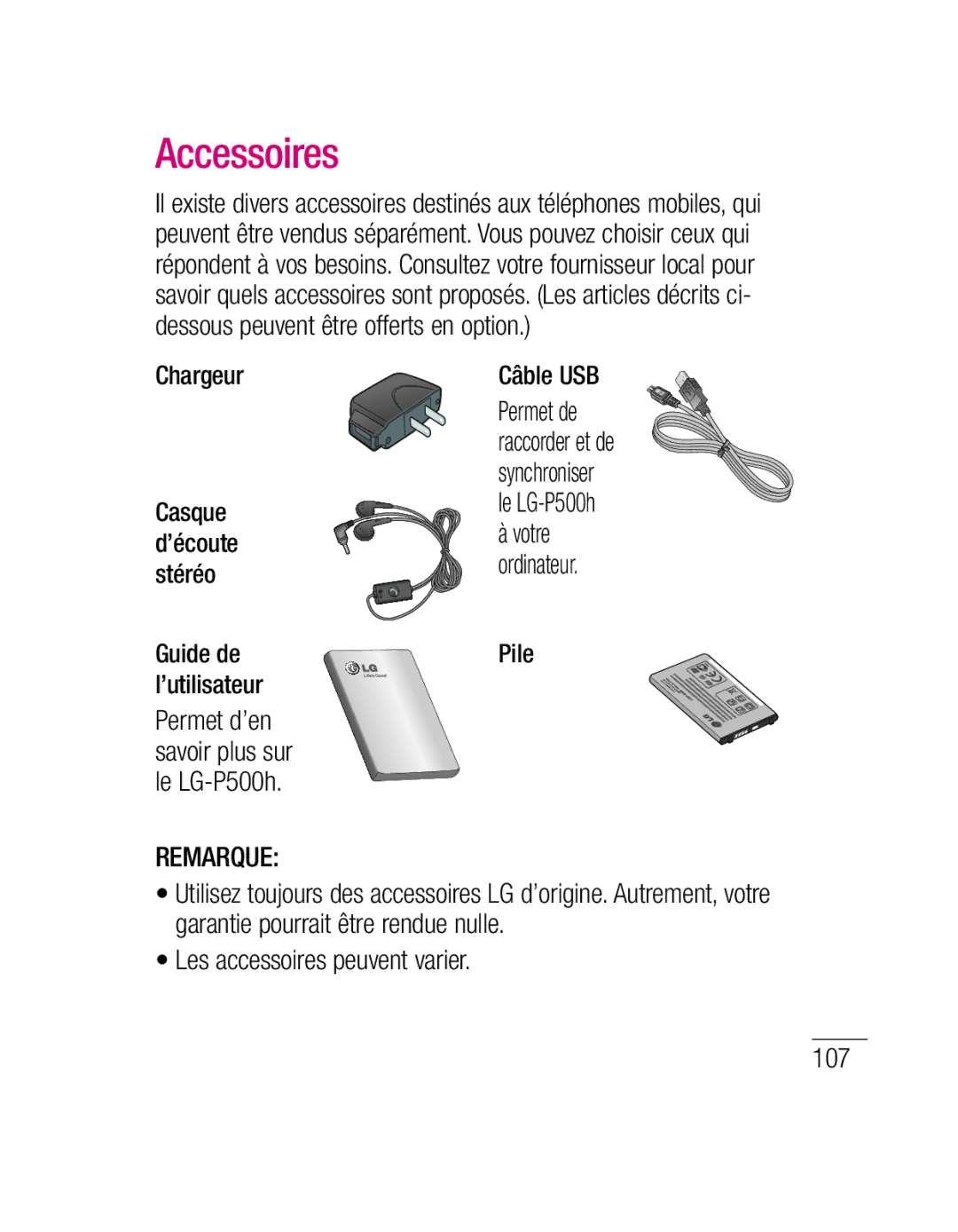 LG Electronics P500H manual Accessoires, Guide de l’utilisateur, Câble USB, Casque d’écoute stéréo 