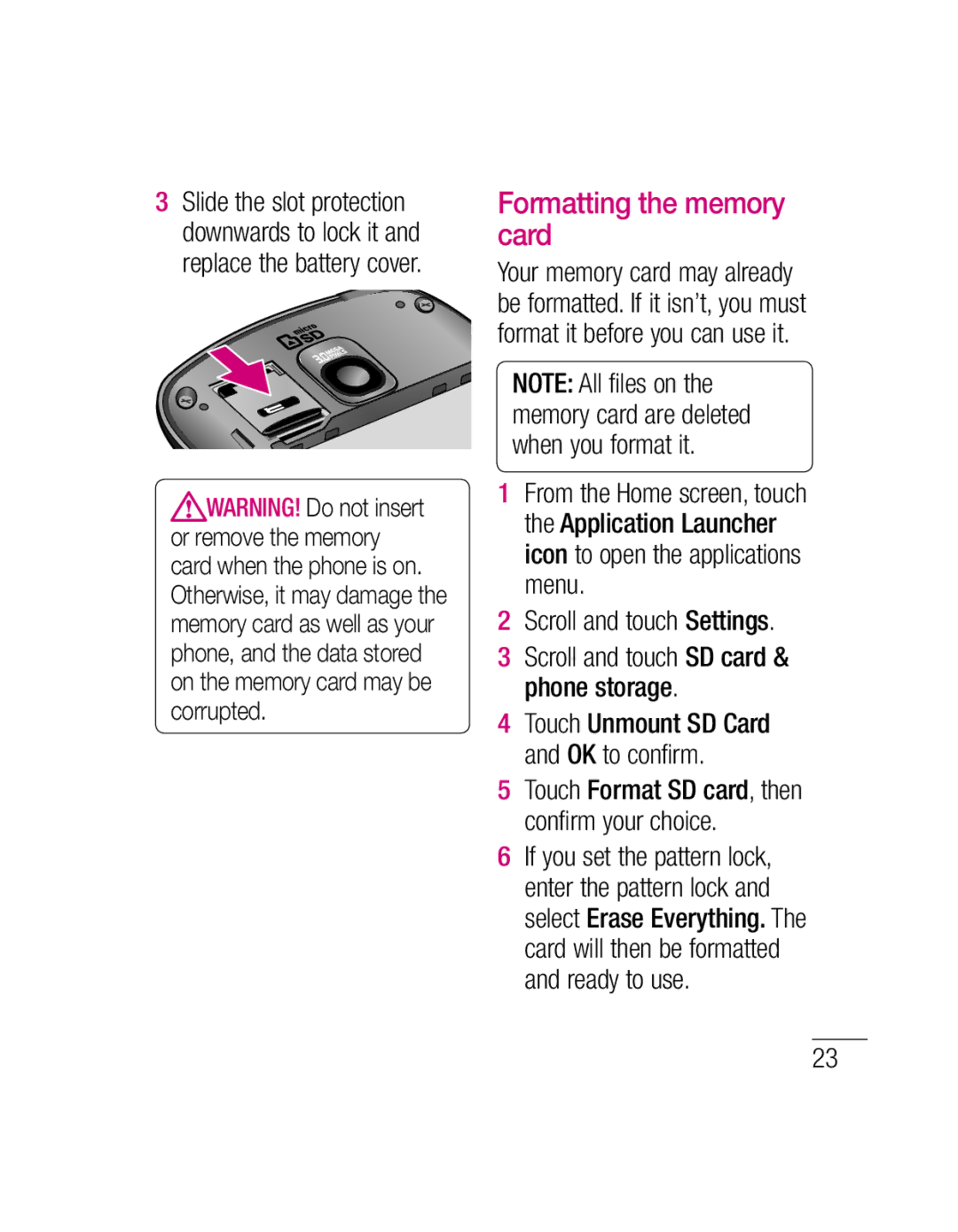 LG Electronics P500H manual Formatting the memory card 