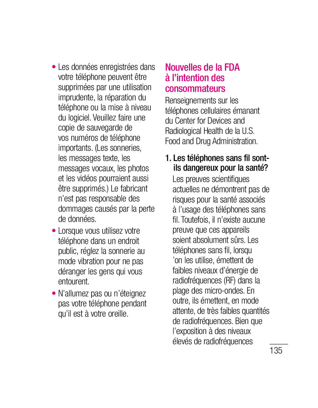 LG Electronics P500H manual Nouvelles de la FDA, ’intention des consommateurs 