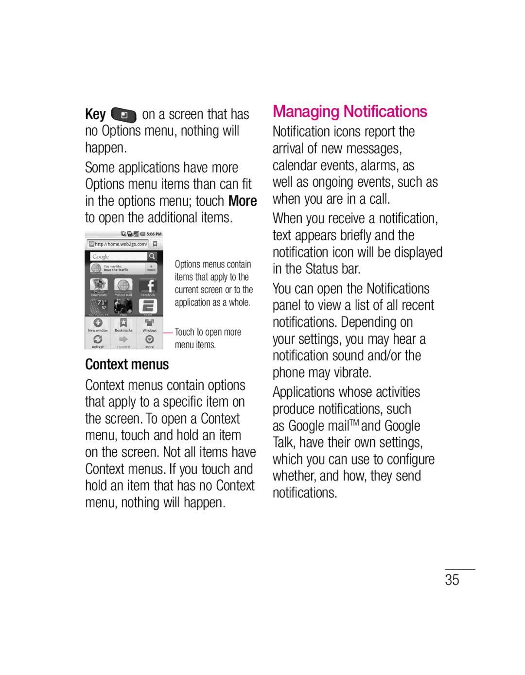 LG Electronics P500H manual Managing Notifications, Context menus 