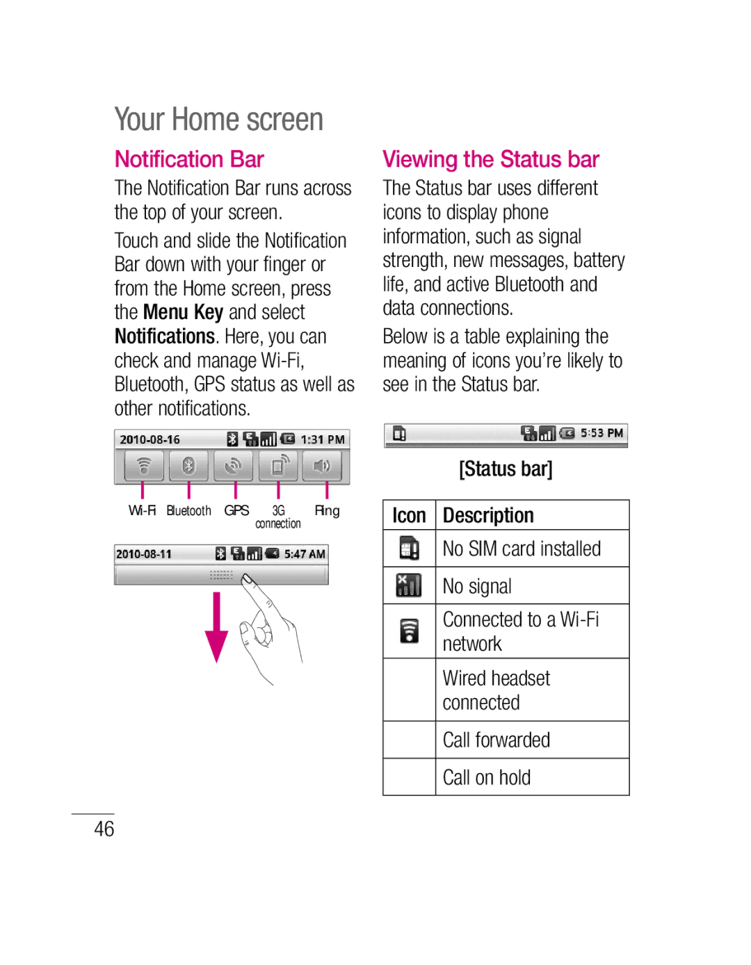 LG Electronics P500H manual Notification Bar, Viewing the Status bar, Call forwarded Call on hold, Wired headset connected 