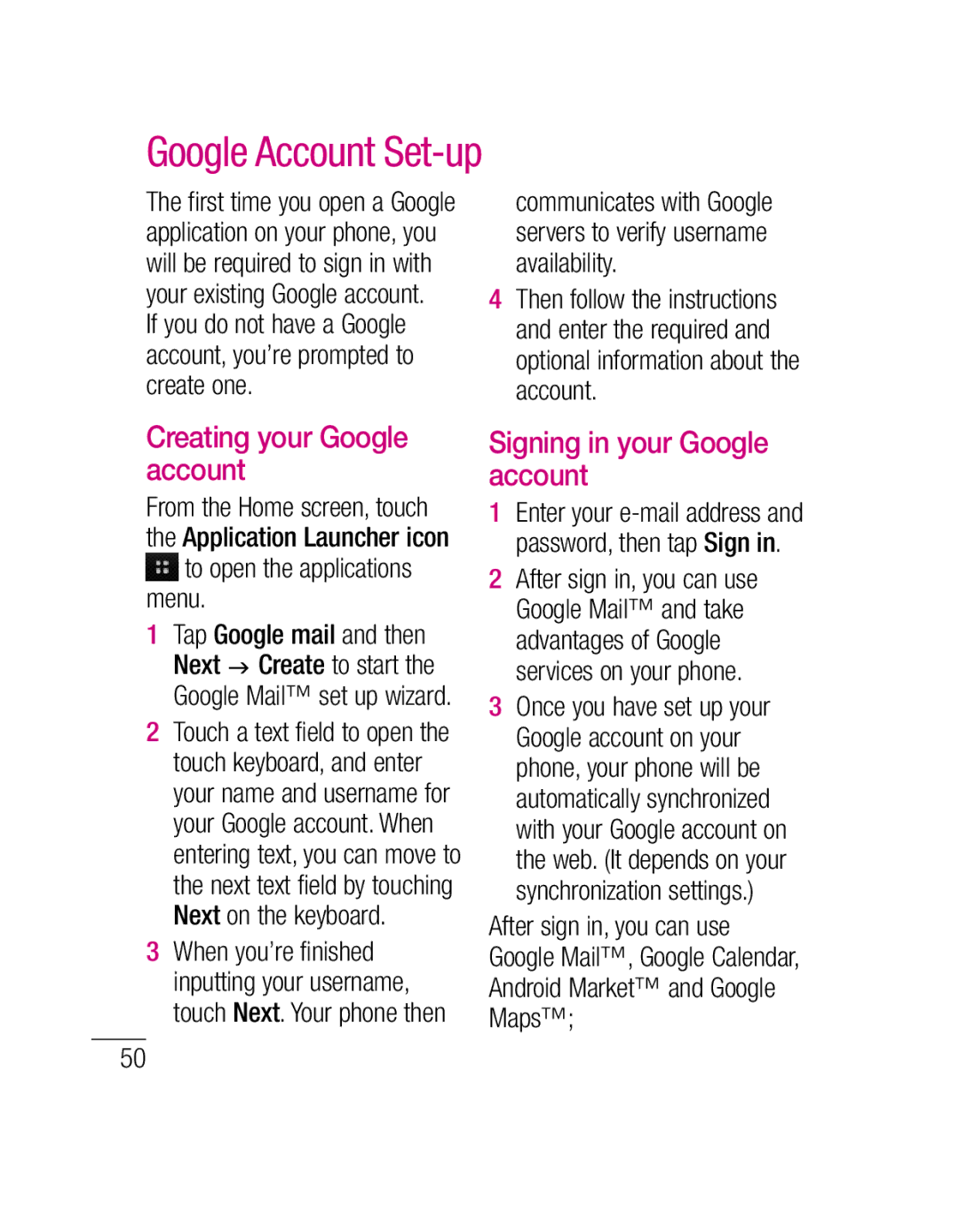 LG Electronics P500H manual Google Account Set-up, Creating your Google account, Signing in your Google account 