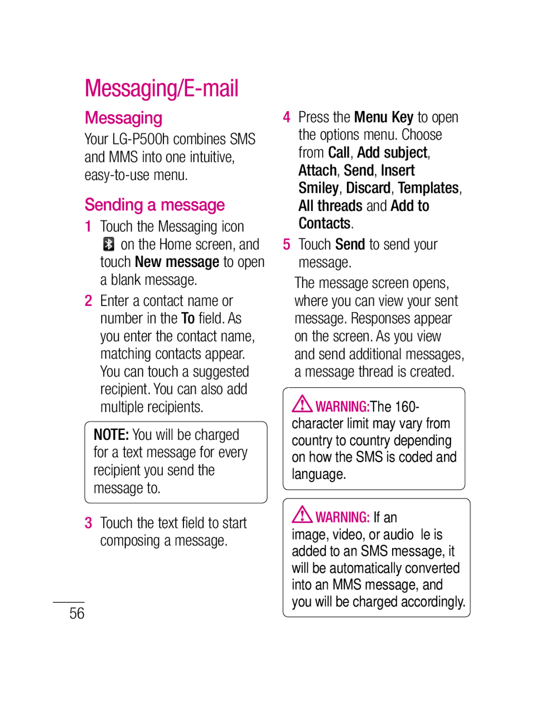 LG Electronics P500H manual Messaging/E-mail, Sending a message 