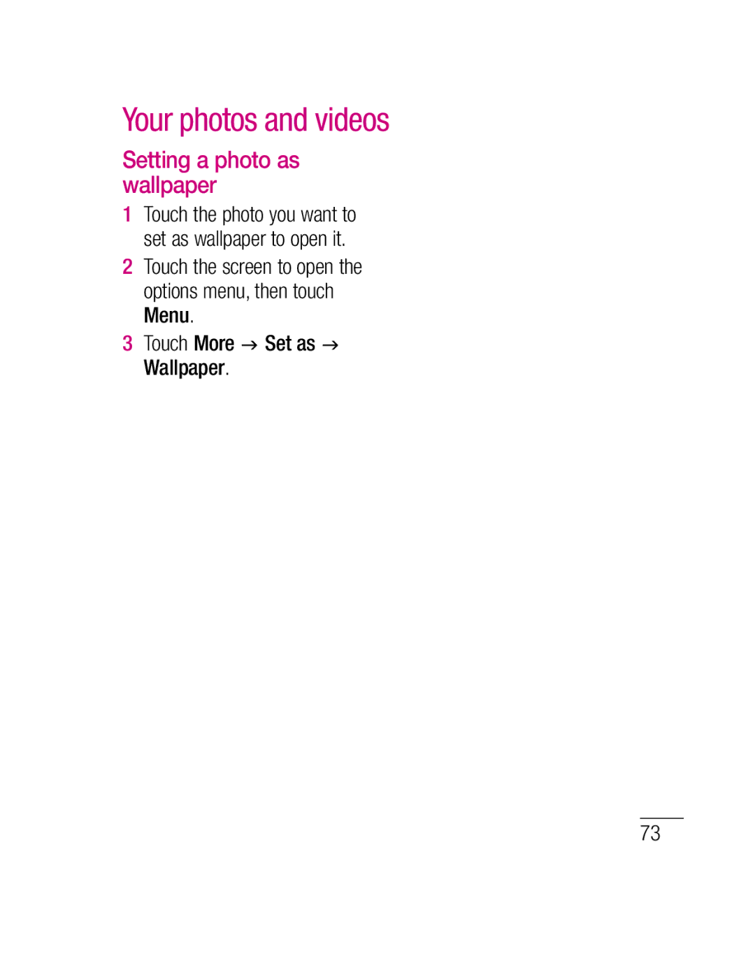 LG Electronics P500H manual Your photos and videos, Setting a photo as wallpaper 