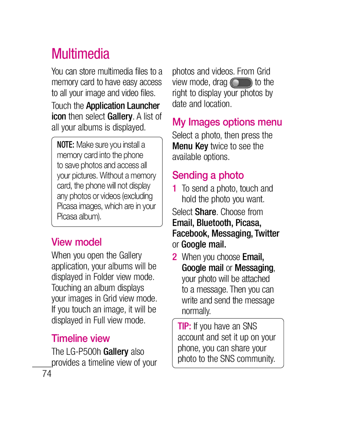 LG Electronics P500H manual Multimedia, View model, Timeline view, My Images options menu, Sending a photo 