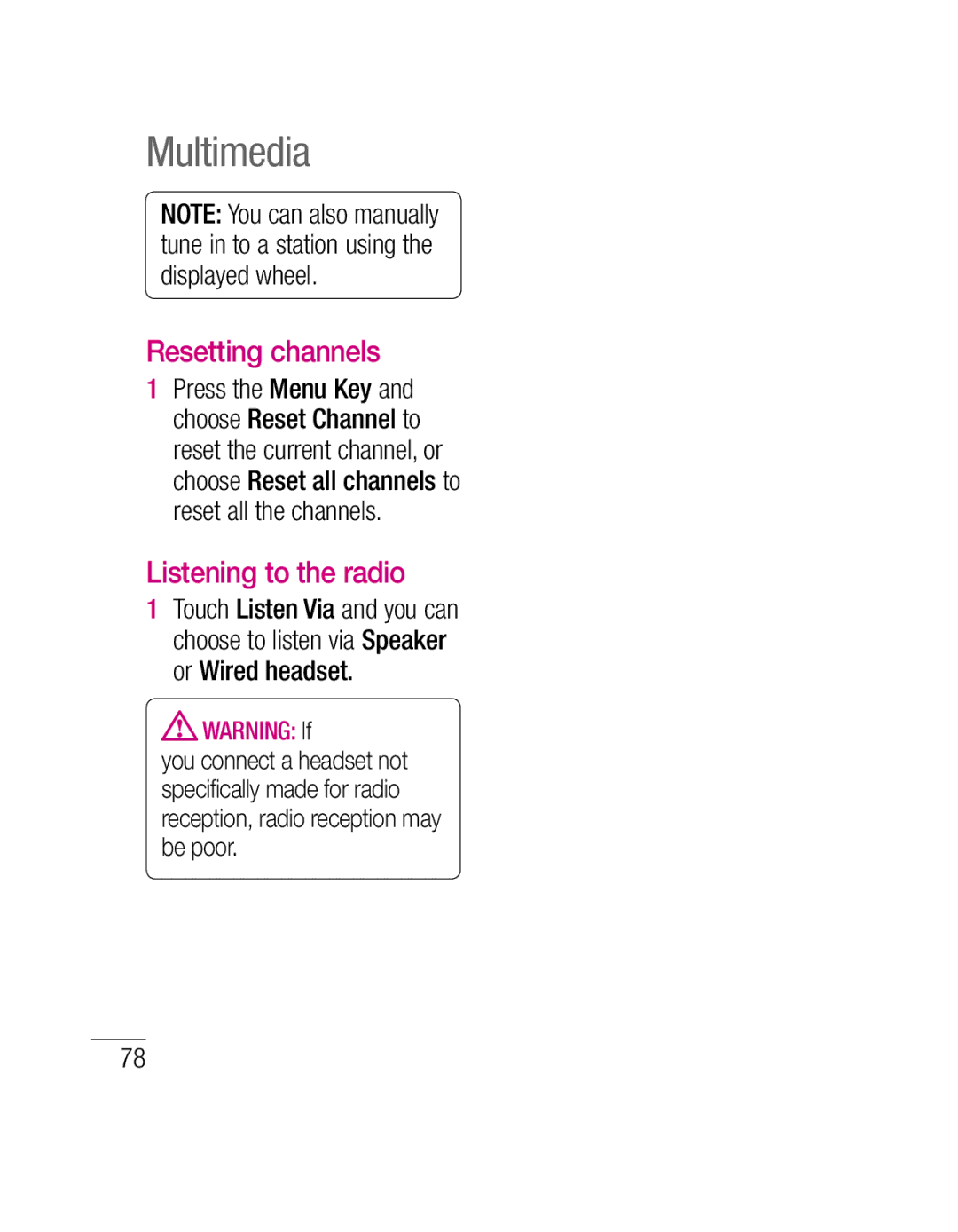 LG Electronics P500H manual Resetting channels, Listening to the radio 