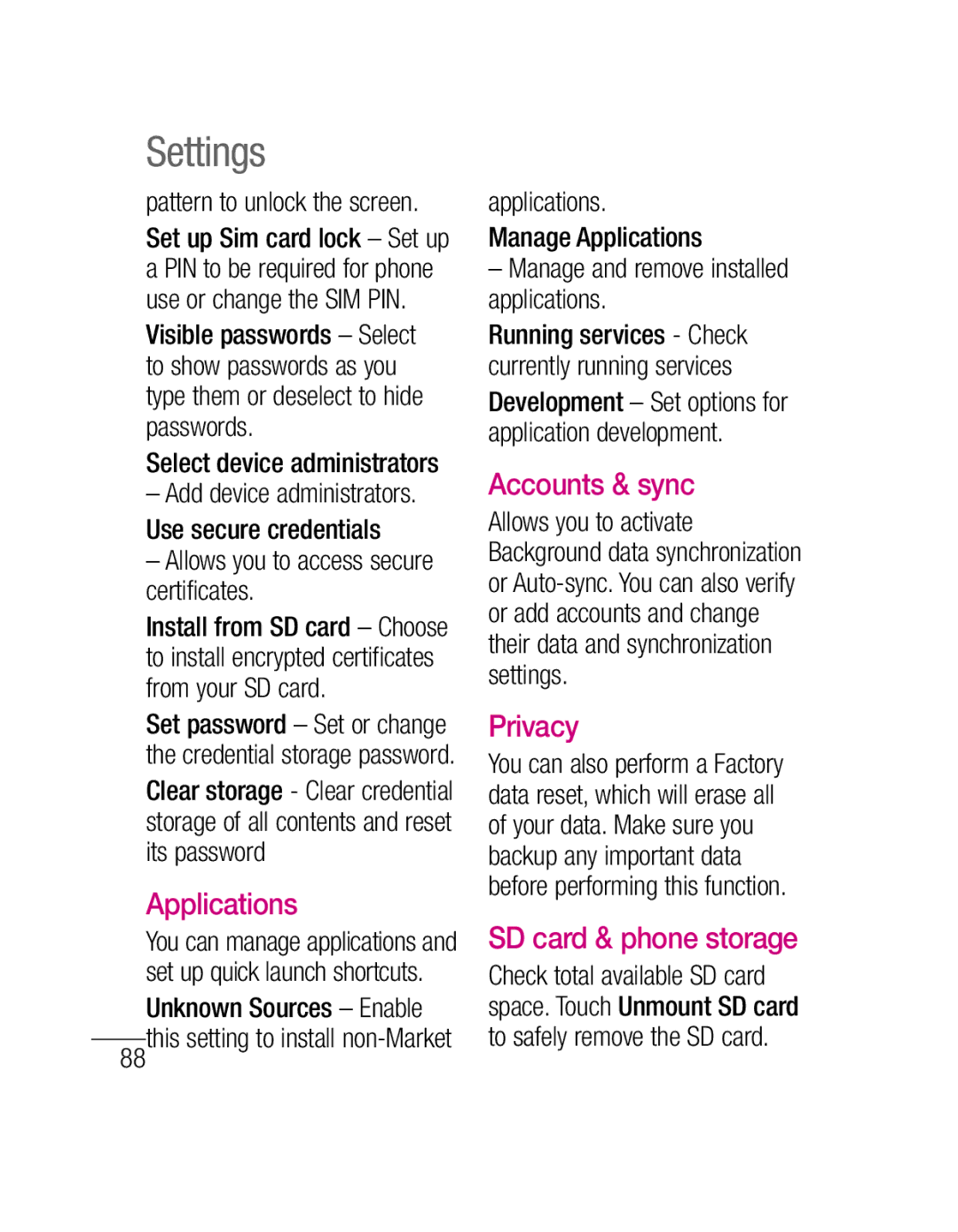 LG Electronics P500H manual Settings, Accounts & sync, Privacy, SD card & phone storage, Pattern to unlock the screen 