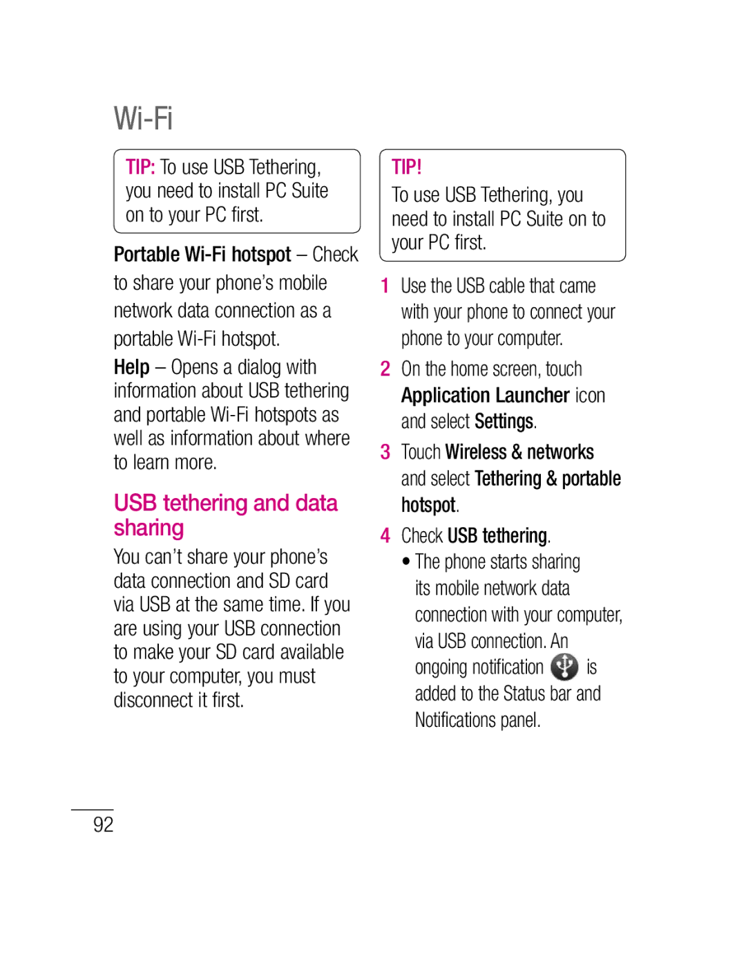 LG Electronics P500H manual Wi-Fi, USB tethering and data sharing, Check USB tethering, Via USB connection. An 