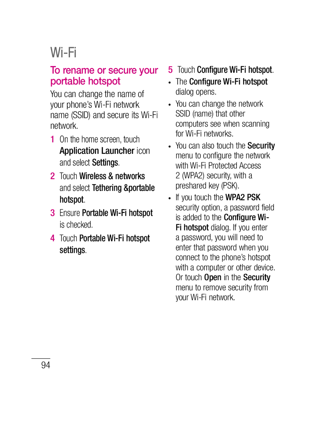 LG Electronics P500H manual To rename or secure your portable hotspot, Configure Wi-Fi hotspot dialog opens 