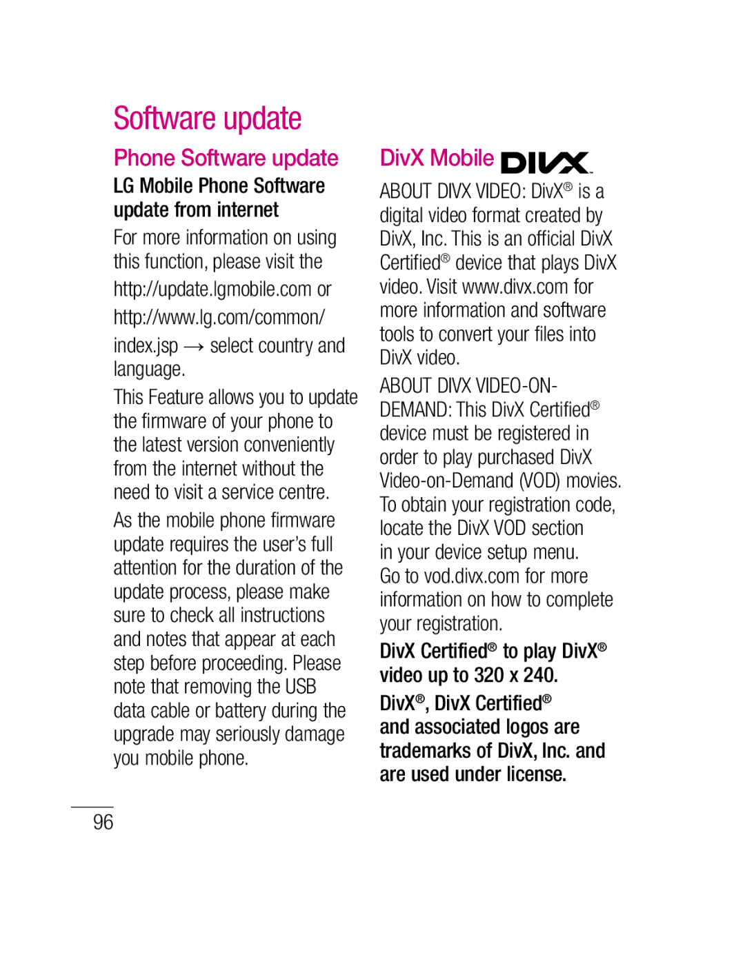 LG Electronics P500H manual Phone Software update, DivX Mobile, Index.jsp → select country and language 