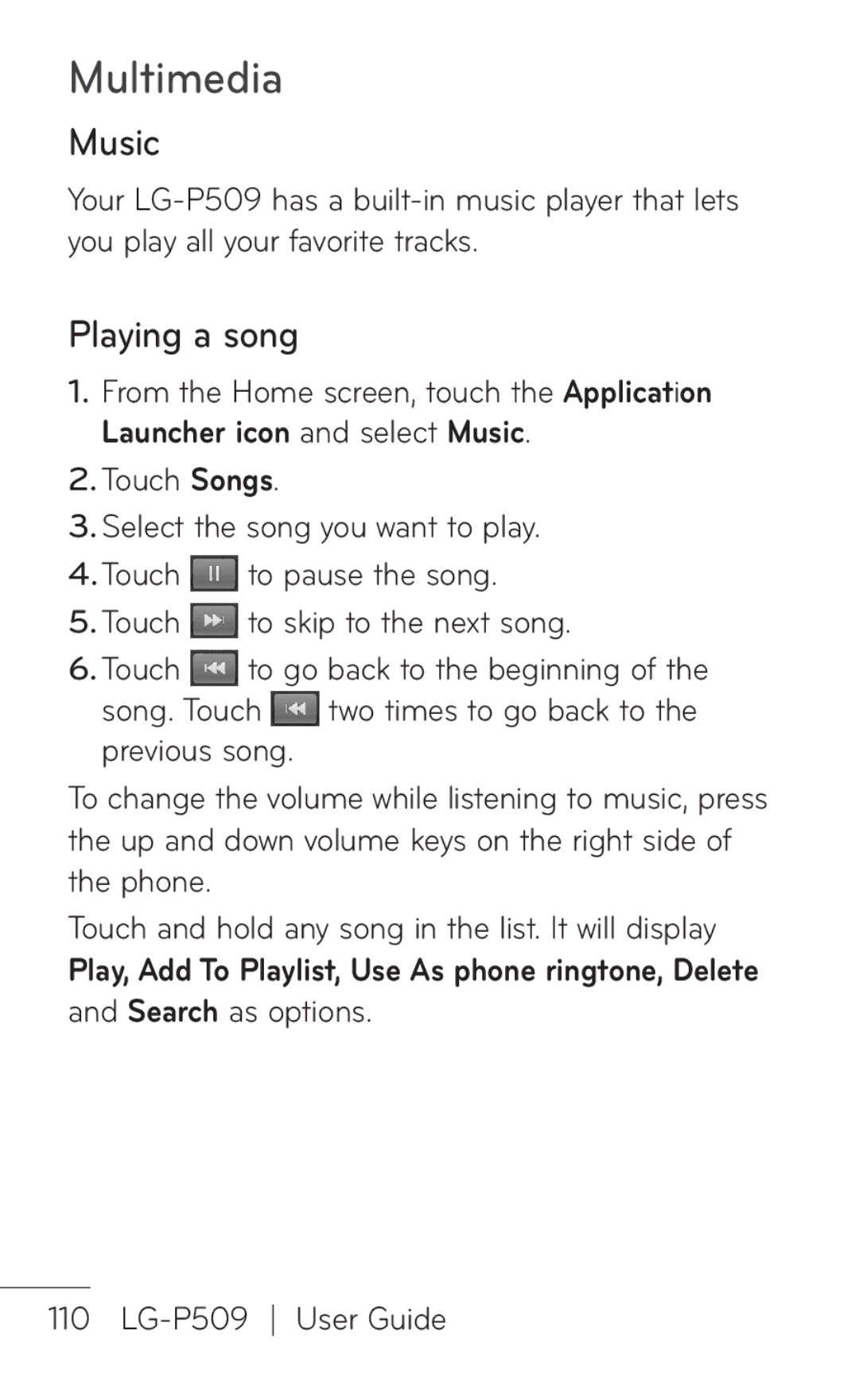 LG Electronics P509, MFL67008601 manual Music, Playing a song, Song. Touch 