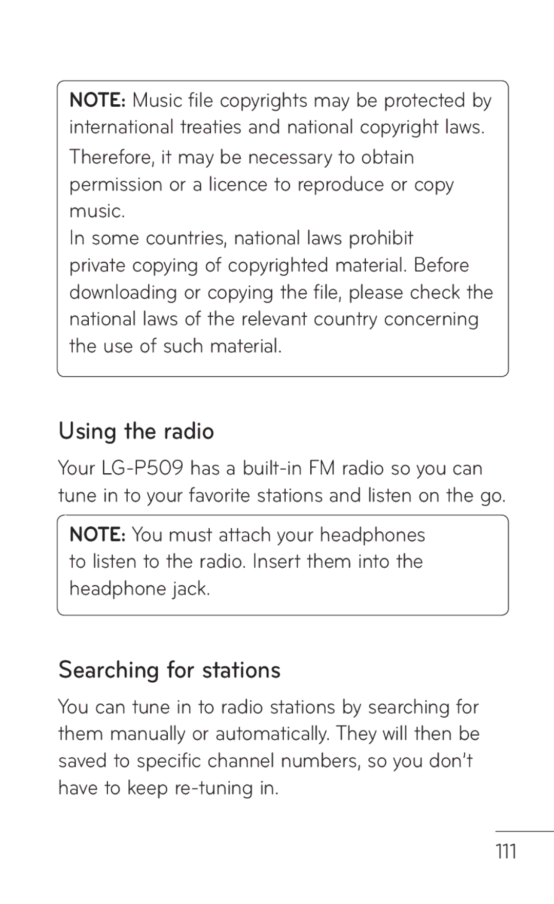 LG Electronics MFL67008601, P509 manual Using the radio, Searching for stations 