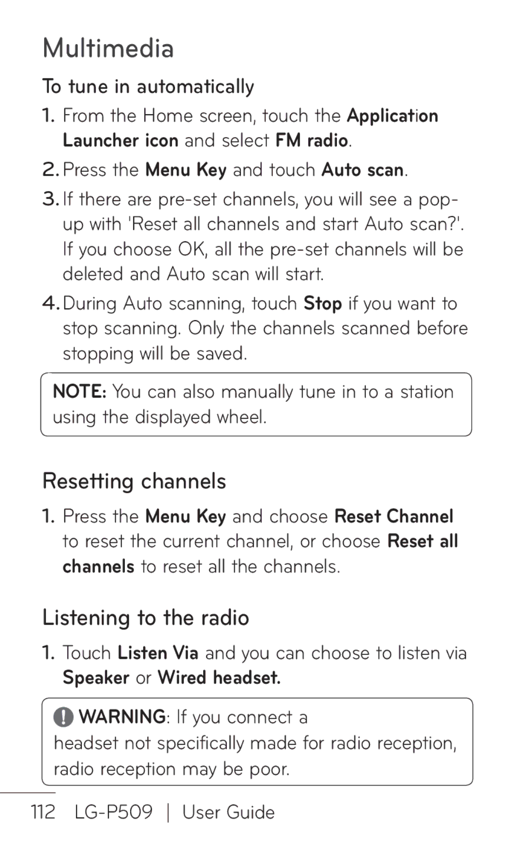 LG Electronics P509, MFL67008601 manual Resetting channels, Listening to the radio, To tune in automatically 