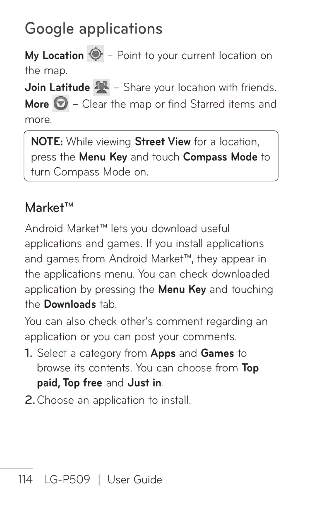 LG Electronics P509, MFL67008601 manual Google applications, Market 