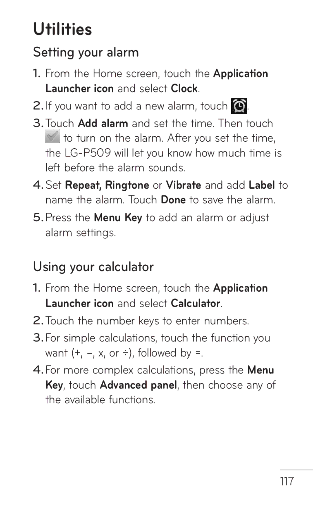 LG Electronics MFL67008601, P509 manual Utilities, Setting your alarm, Using your calculator 