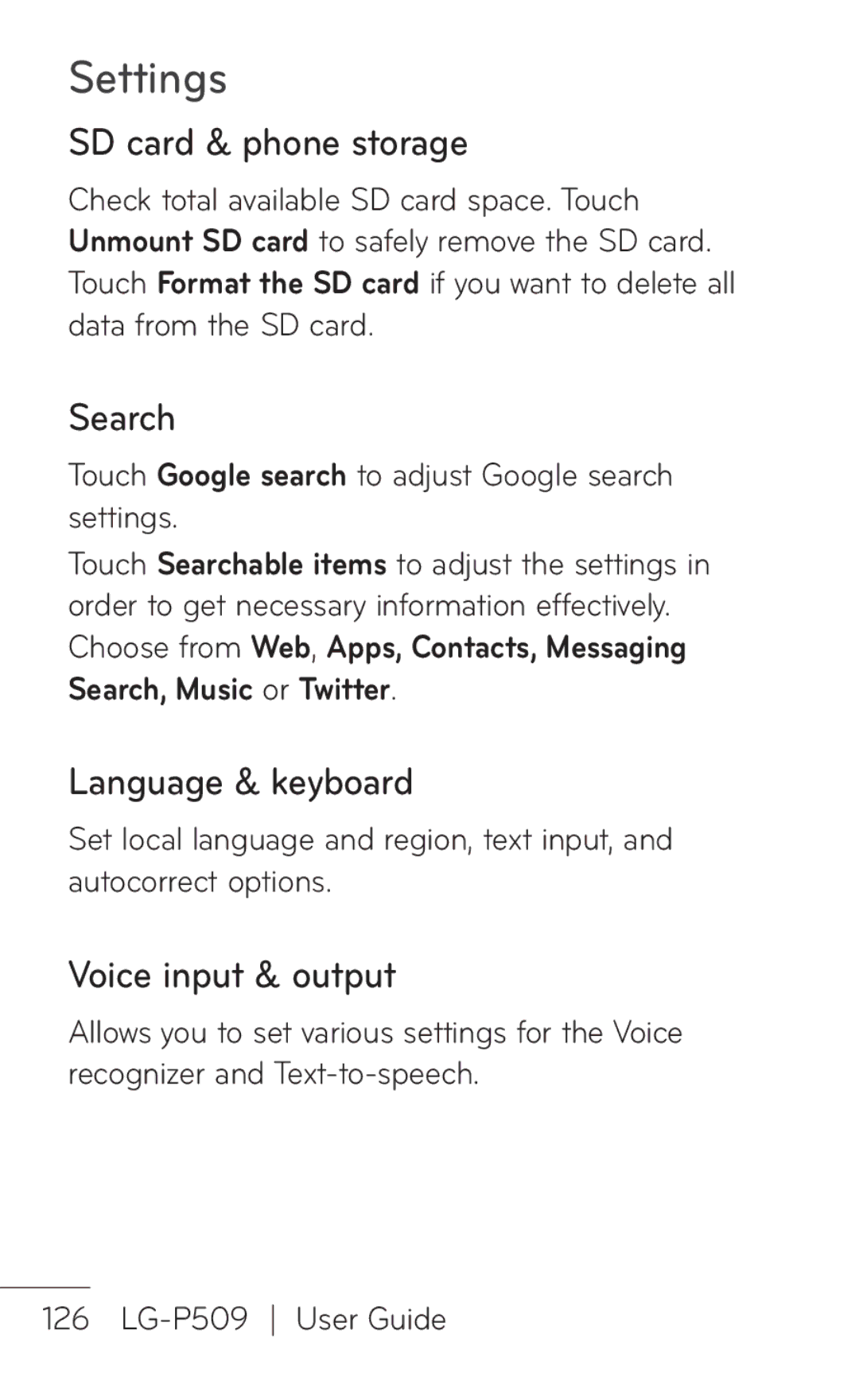 LG Electronics P509, MFL67008601 manual SD card & phone storage, Search, Language & keyboard, Voice input & output 