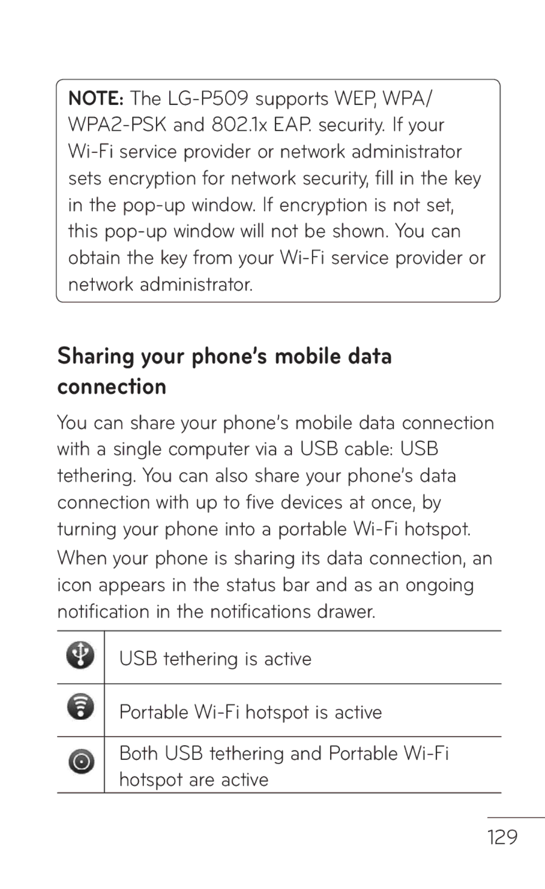 LG Electronics MFL67008601, P509 manual Sharing your phone’s mobile data connection 