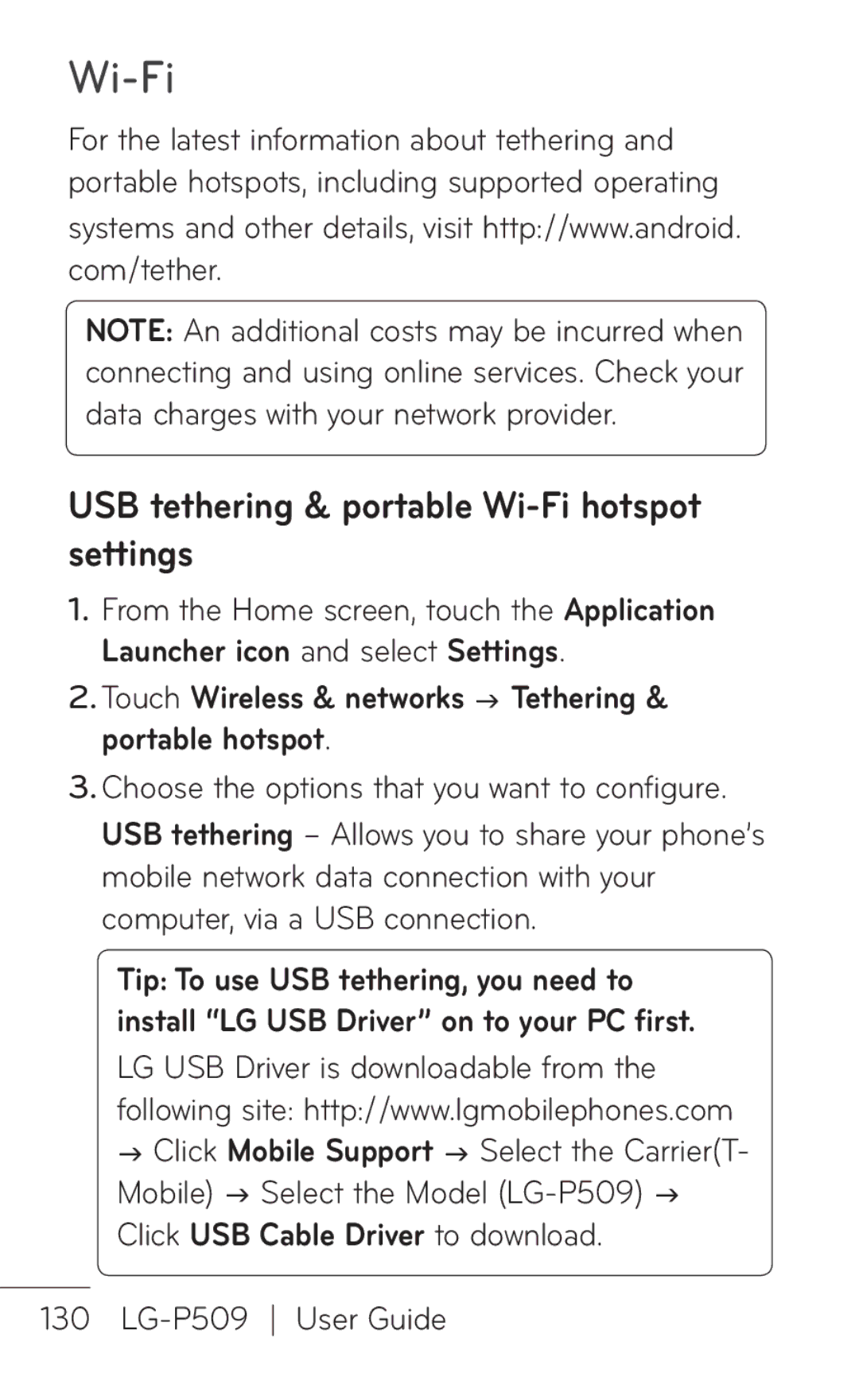 LG Electronics P509, MFL67008601 manual Wi-Fi, Touch Wireless & networks g Tethering & portable hotspot 