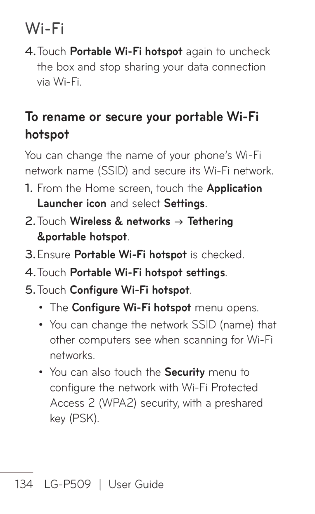 LG Electronics P509, MFL67008601 manual To rename or secure your portable Wi-Fi hotspot 