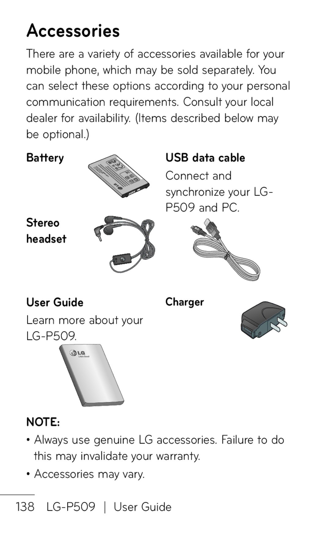 LG Electronics MFL67008601 manual Accessories, Battery, Connect and synchronize your LG- P509 and PC, User Guide 