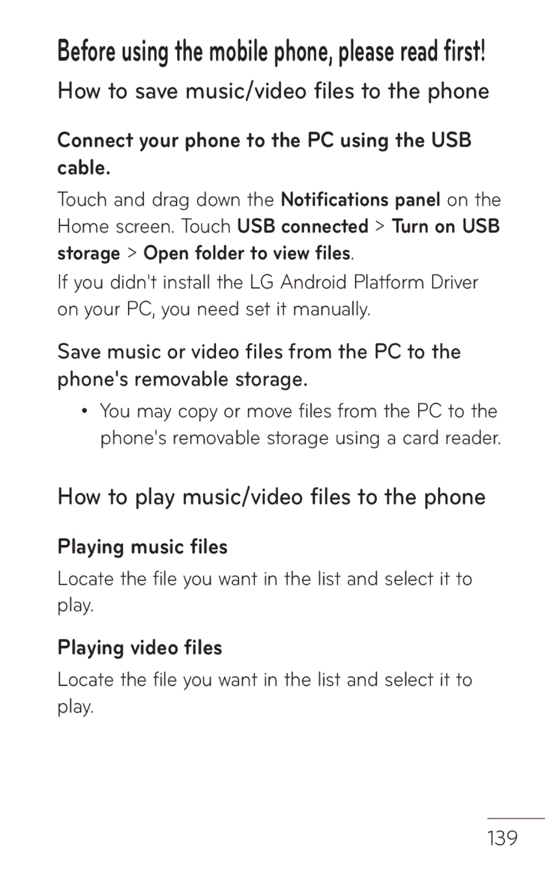 LG Electronics MFL67008601, P509 How to save music/video files to the phone, How to play music/video files to the phone 