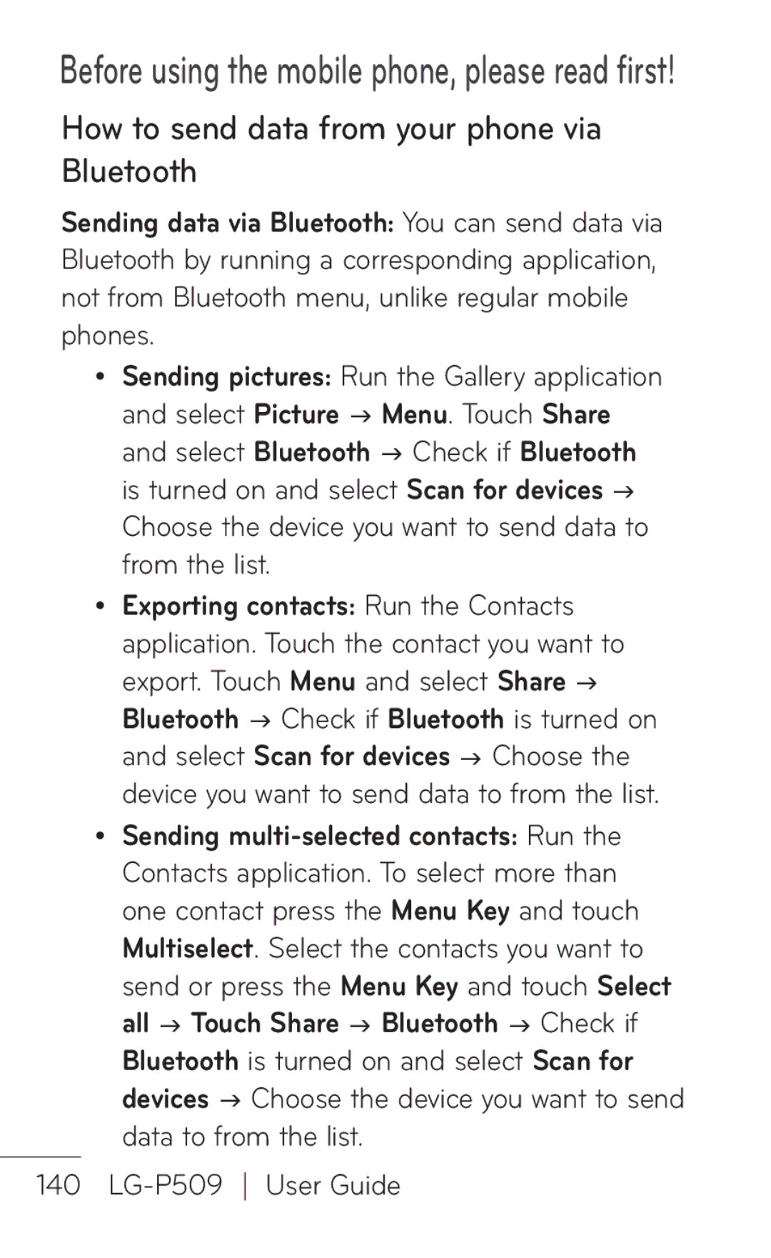 LG Electronics P509, MFL67008601 How to send data from your phone via Bluetooth, Export. Touch Menu and select Share g 