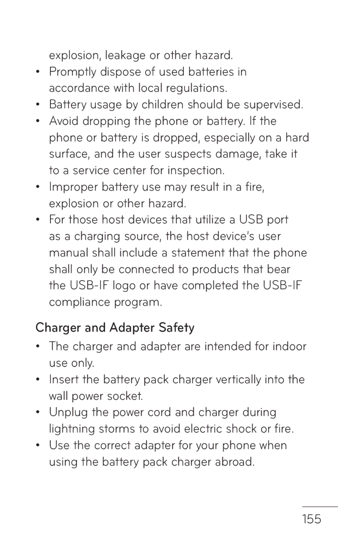 LG Electronics MFL67008601, P509 manual Charger and Adapter Safety, Explosion, leakage or other hazard, 155 