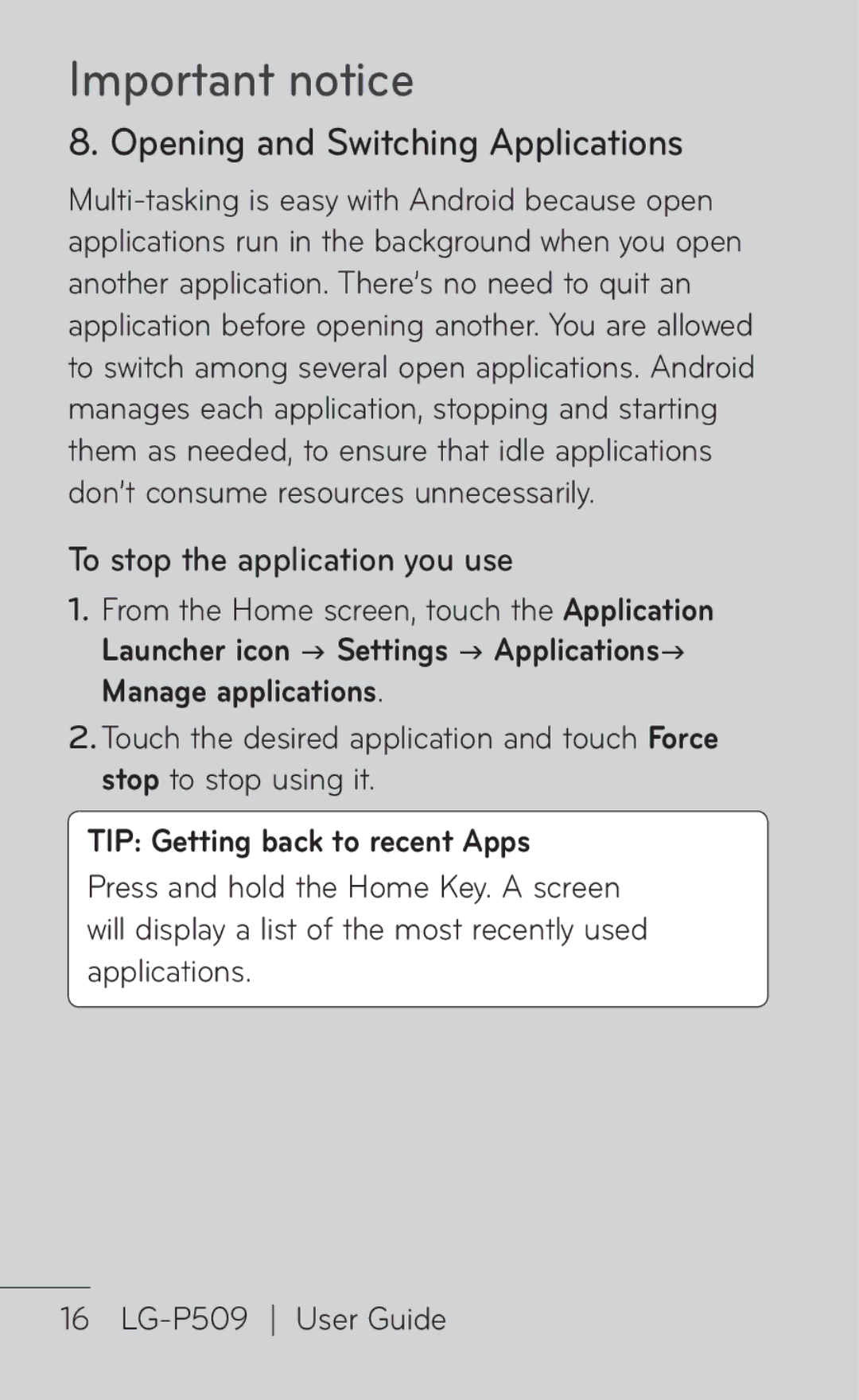 LG Electronics P509 Opening and Switching Applications, To stop the application you use, TIP Getting back to recent Apps 