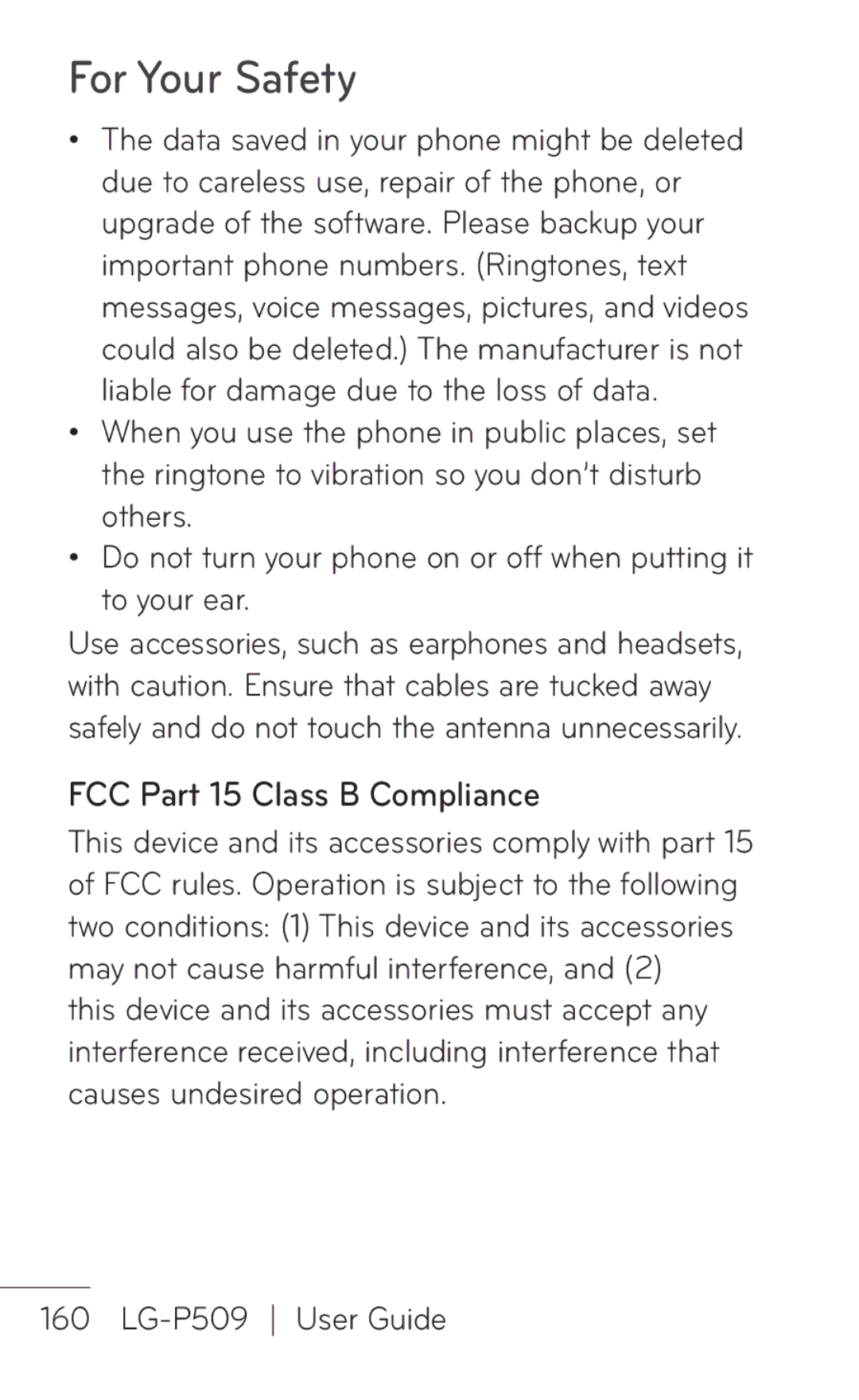 LG Electronics P509, MFL67008601 manual FCC Part 15 Class B Compliance 