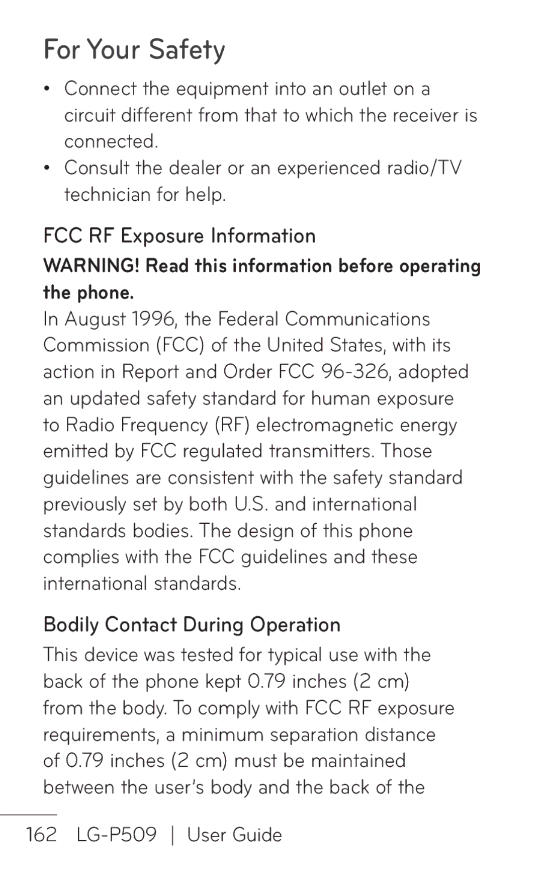 LG Electronics P509, MFL67008601 manual FCC RF Exposure Information, Bodily Contact During Operation 