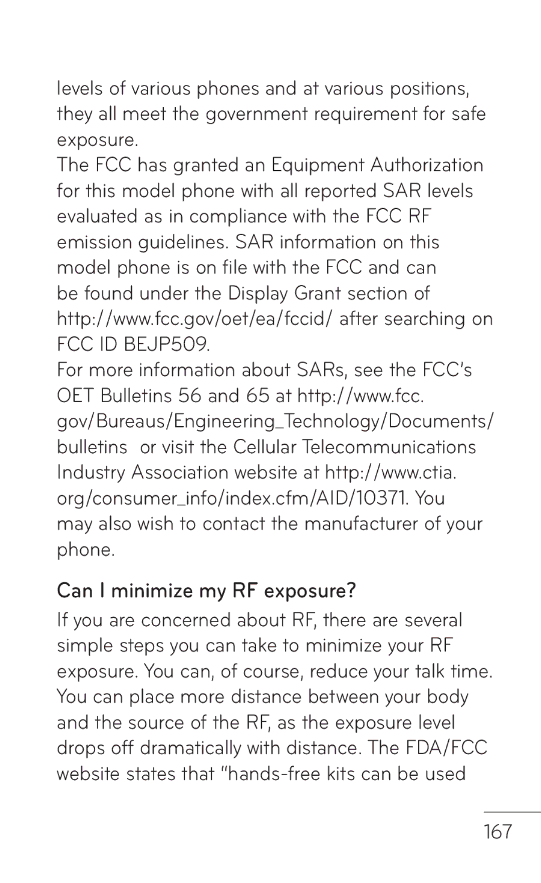 LG Electronics MFL67008601, P509 manual Can I minimize my RF exposure?, 167 