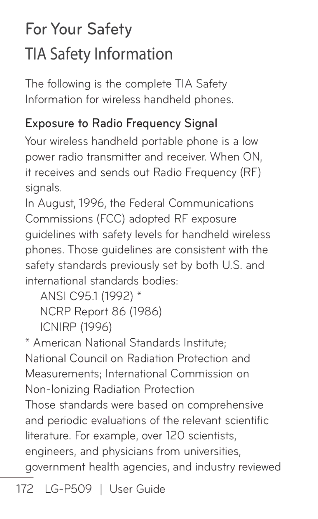 LG Electronics P509, MFL67008601 manual For Your Safety TIA Safety Information, Exposure to Radio Frequency Signal 