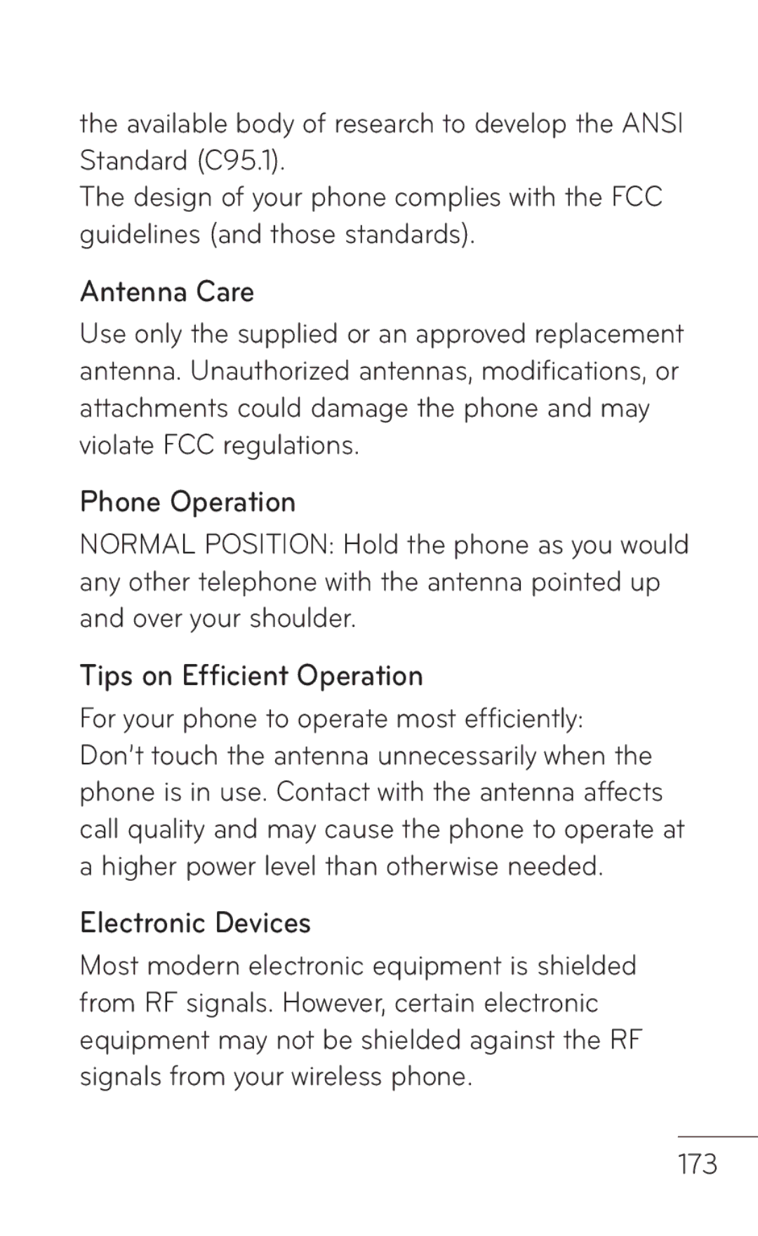 LG Electronics MFL67008601, P509 manual Antenna Care, Phone Operation, Tips on Efficient Operation, Electronic Devices 