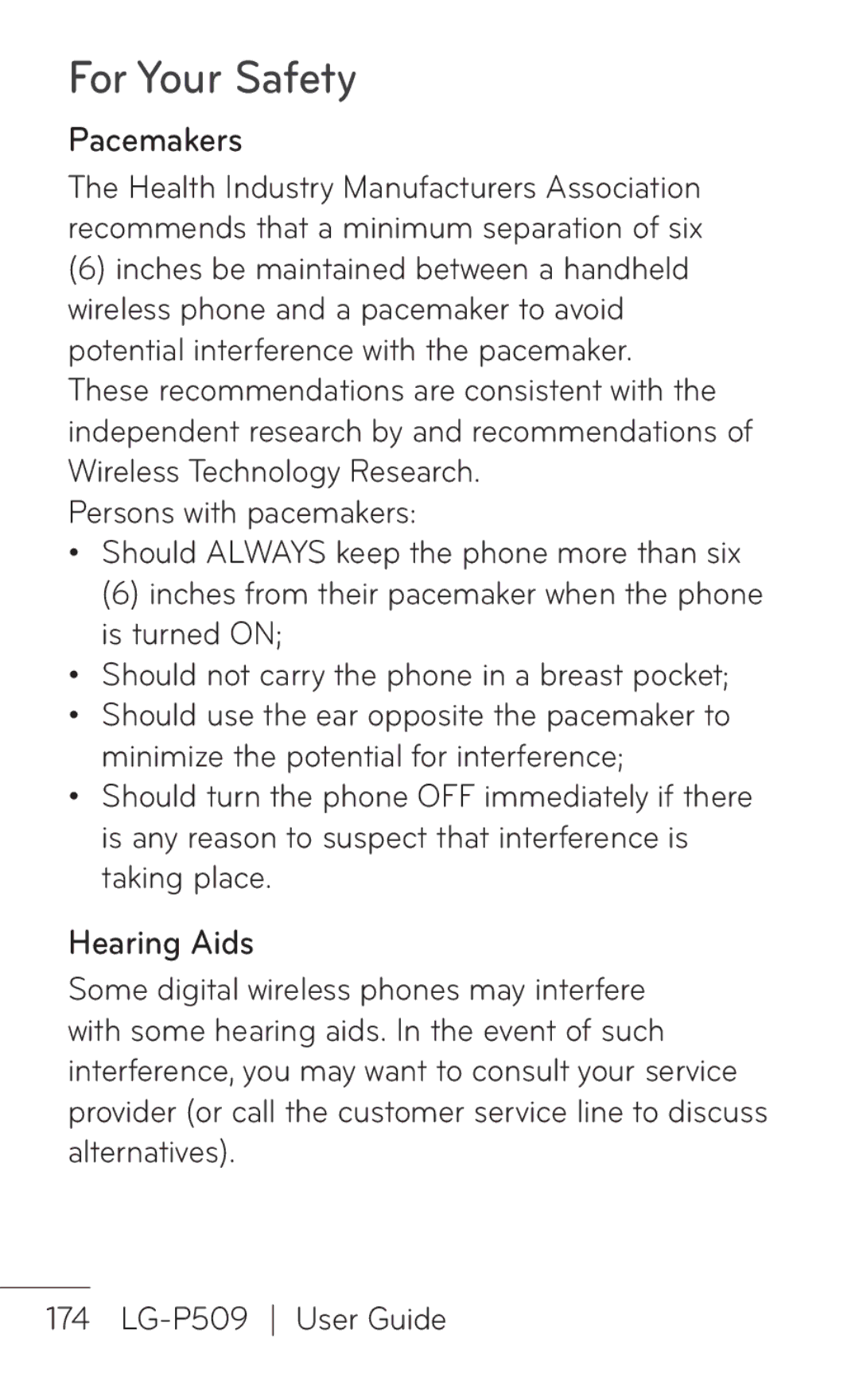 LG Electronics P509, MFL67008601 manual Pacemakers, Hearing Aids 